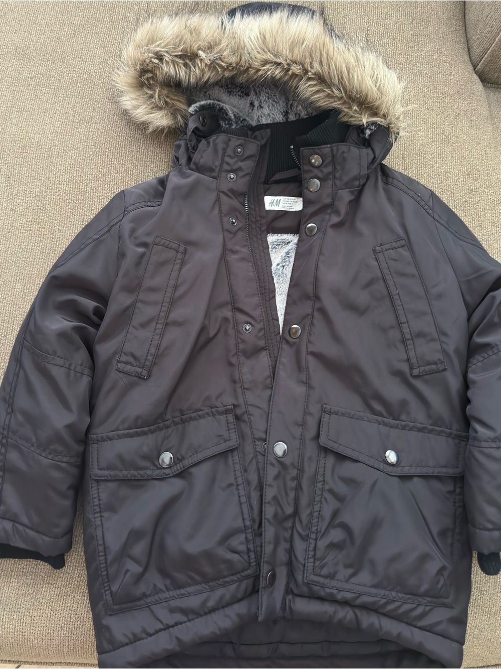 H&M Kids Dark Black Faux-Fur Hooded Puffer Coat